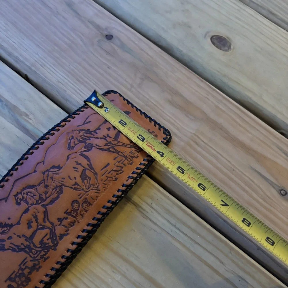 Vintage Leather Wallet Hand Tooled Bi-Fold Handmade Whipstitch Horses Stampede